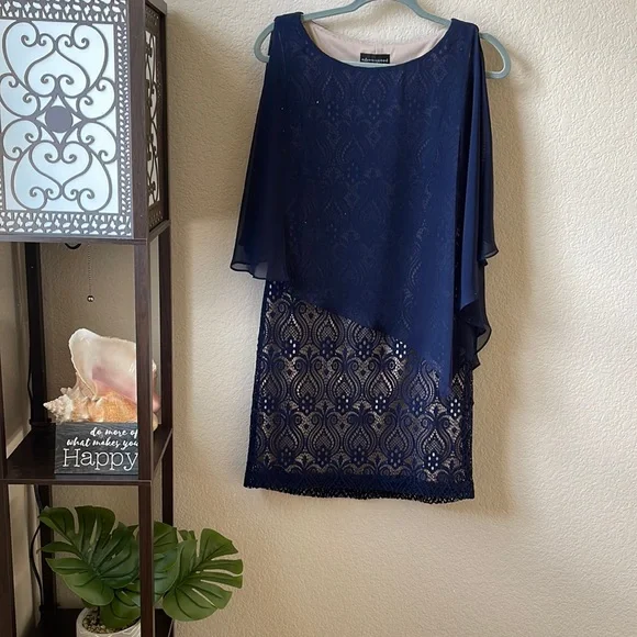 connected apparel Dresses Navy Chiffon Overlay Lace Dress 8p